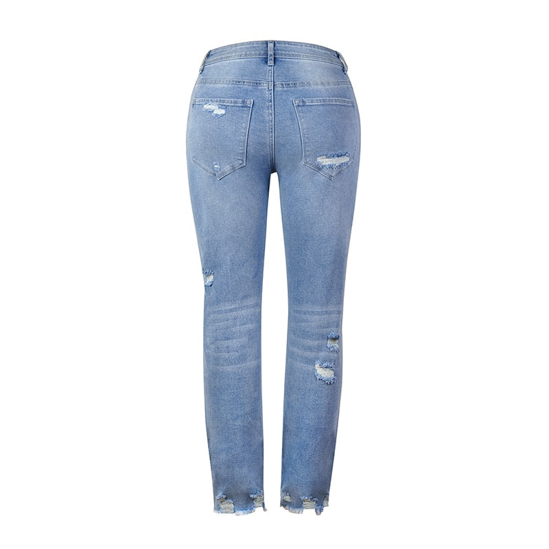 Blue Hight Waist Ripped Casual Denim Pencil Pants