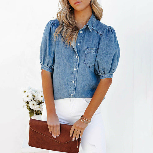 Embrace style with our Puff Sleeve Elegant Turn-down Collar Denim Top. Made from a comfortable blend of cotton and polyester. Perfect for women's fashion in the United States.