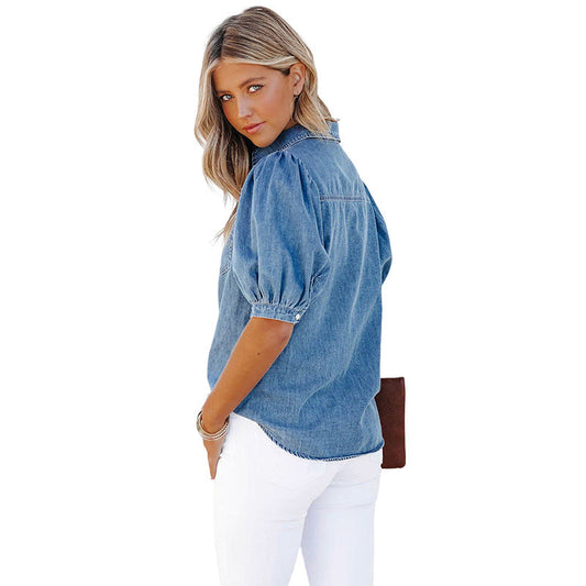 Embrace style with our Puff Sleeve Elegant Turn-down Collar Denim Top. Made from a comfortable blend of cotton and polyester. Perfect for women's fashion in the United States.