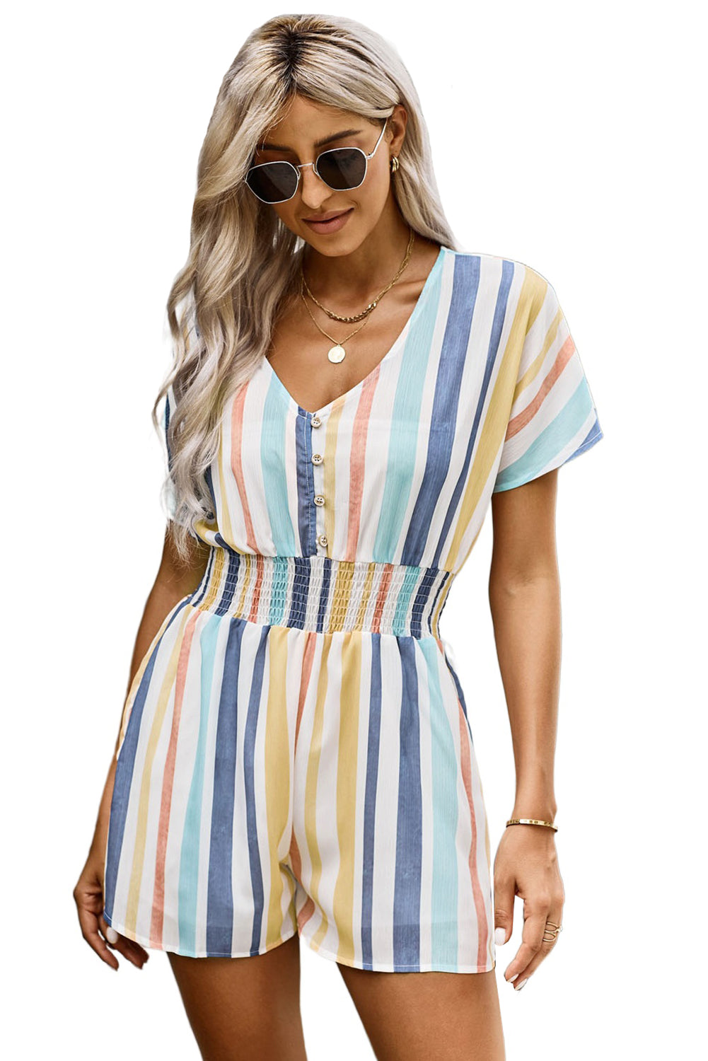 Summer Striped Print V-neck Button Romper