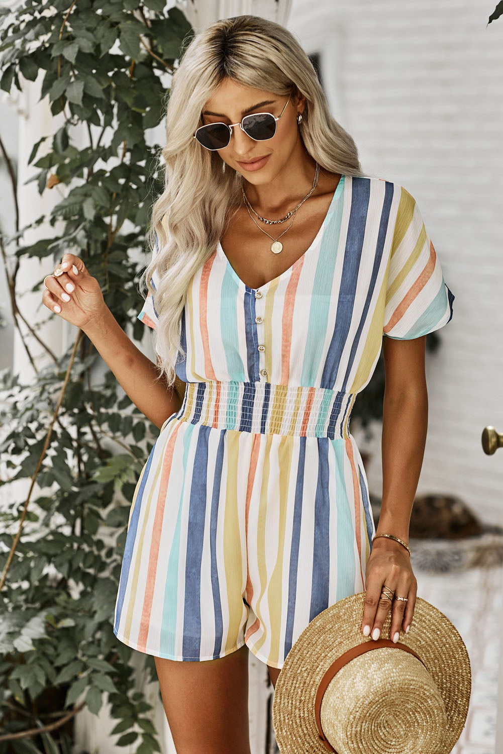 Summer Striped Print V-neck Button Romper