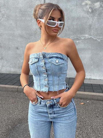 Explore fashion-forward looks with our Button-up Denim Corset Crop Top. Trendy denim, flattering corset design, and sophisticated button-up front. Ideal length for pairing with high-waisted bottoms. Perfect for stylish women in the United States.