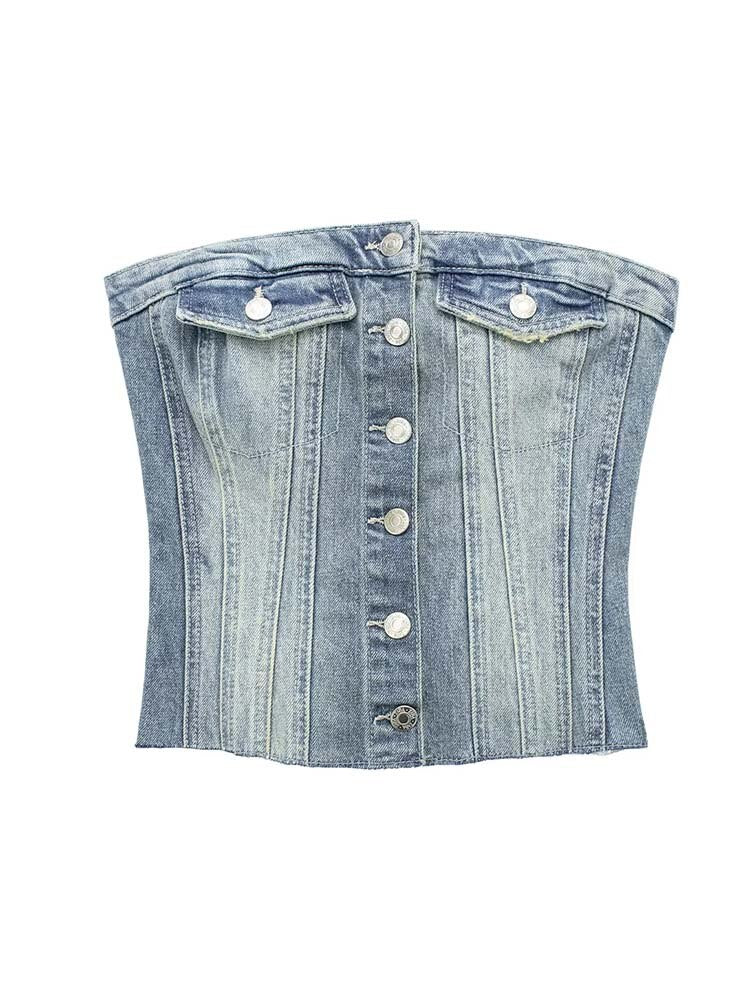 Explore fashion-forward looks with our Button-up Denim Corset Crop Top. Trendy denim, flattering corset design, and sophisticated button-up front. Ideal length for pairing with high-waisted bottoms. Perfect for stylish women in the United States.