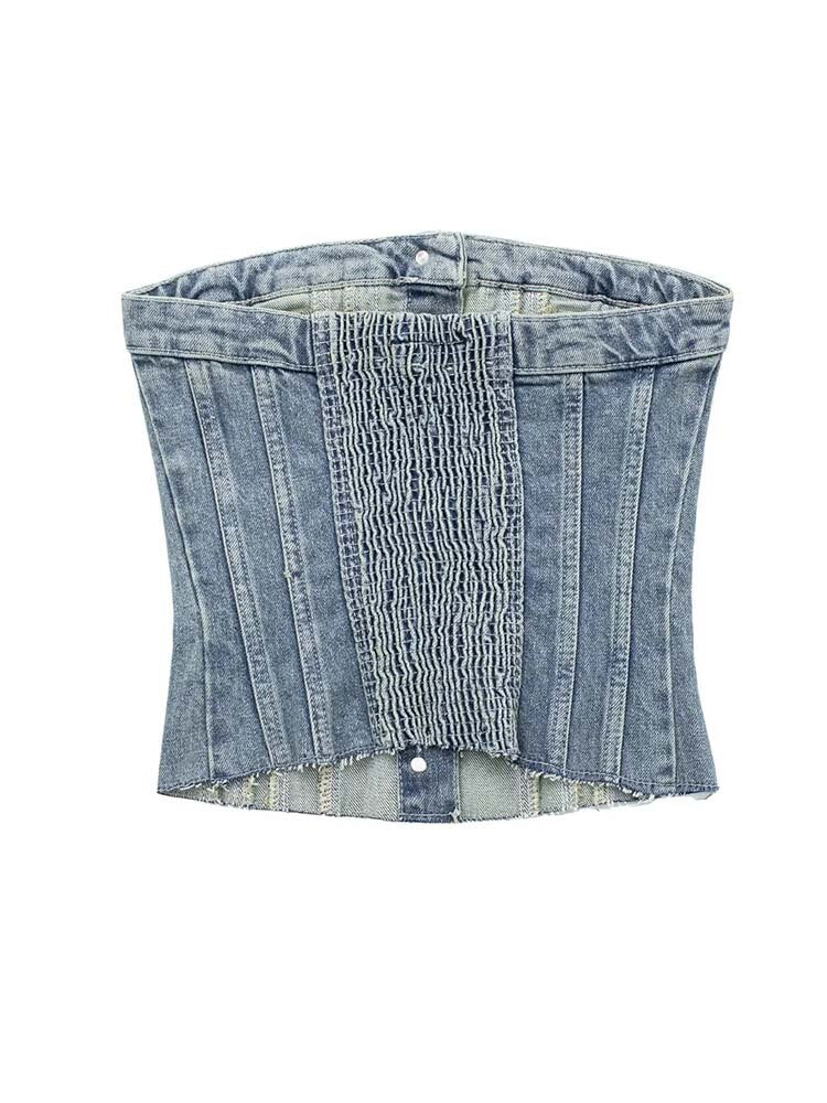 Explore fashion-forward looks with our Button-up Denim Corset Crop Top. Trendy denim, flattering corset design, and sophisticated button-up front. Ideal length for pairing with high-waisted bottoms. Perfect for stylish women in the United States.