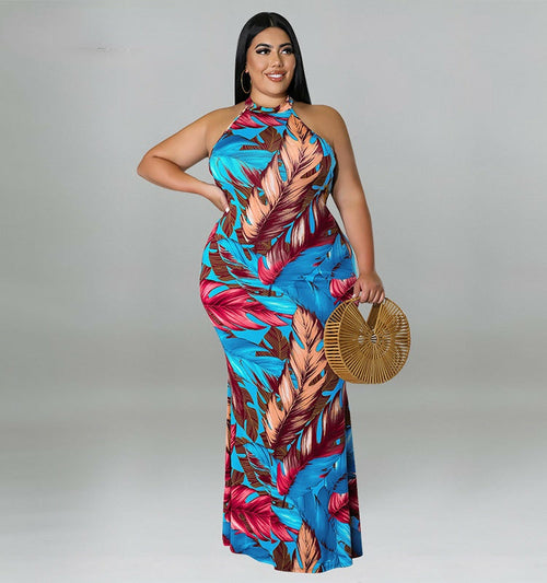 Plus Size Women Double Wear Leaf Print Sleeveless Mermaid Bodycon Maxi