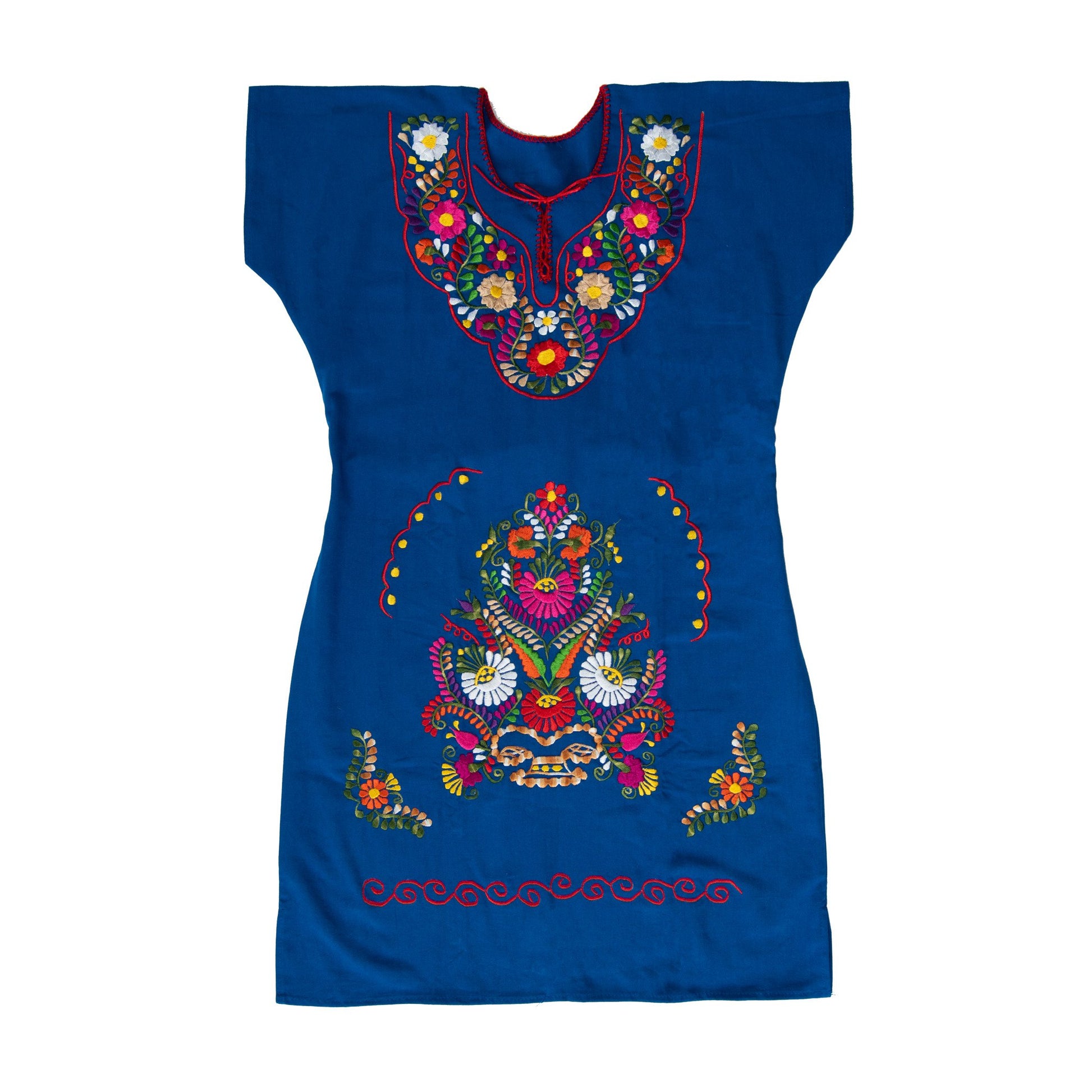 Embrace culture in our Southwestern Blue Colorful Dress. Handcrafted with love, this versatile cotton dress features intricate embroidery from San Gabriel Chilac, Mexico.