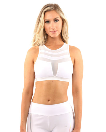 Laguna Sports Bra in white, a stylish and compression-fit athletic bra for women. Racerback design for full mobility, clasp-free style, and premium material for a comfortable workout. Perfect gym fashion from Savoy Active.