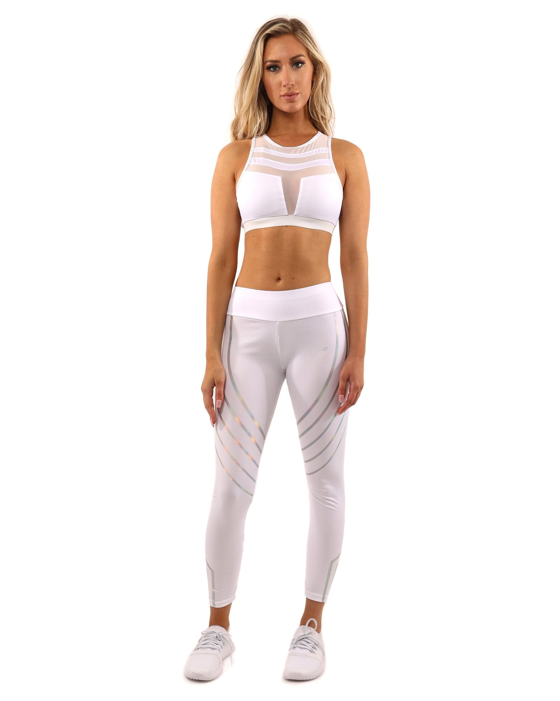 Laguna Sports Bra in white, a stylish and compression-fit athletic bra for women. Racerback design for full mobility, clasp-free style, and premium material for a comfortable workout. Perfect gym fashion from Savoy Active.