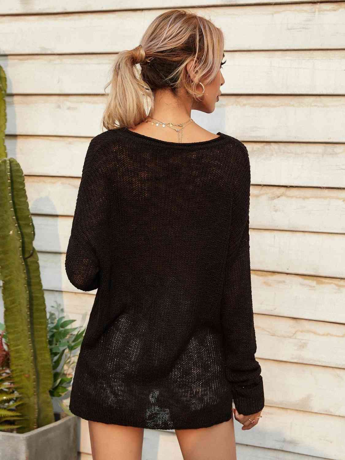 Elegant Notched Neck Slit Knit Top