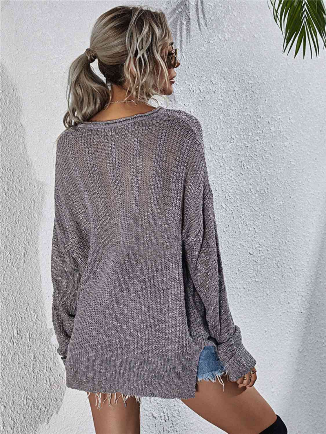 Elegant Notched Neck Slit Knit Top