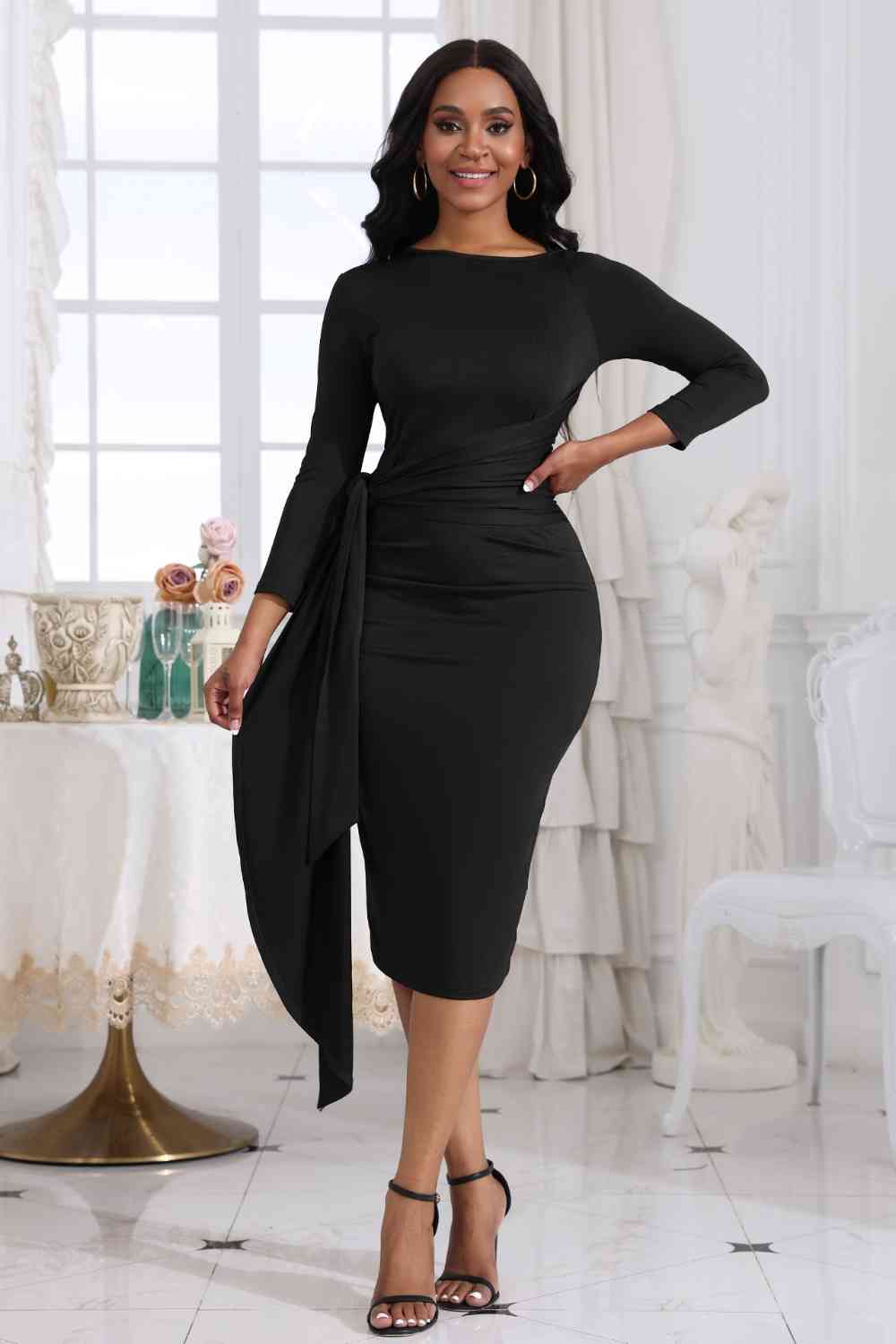 Tie Detail Round Neck Midi Dress - Embrace elegance with this chic and highly stretchy dress. The tied detail adds a sophisticated touch, making it perfect for various occasions. Made from 80% polyester and 20% spandex, the dress is both comfortable and stylish.