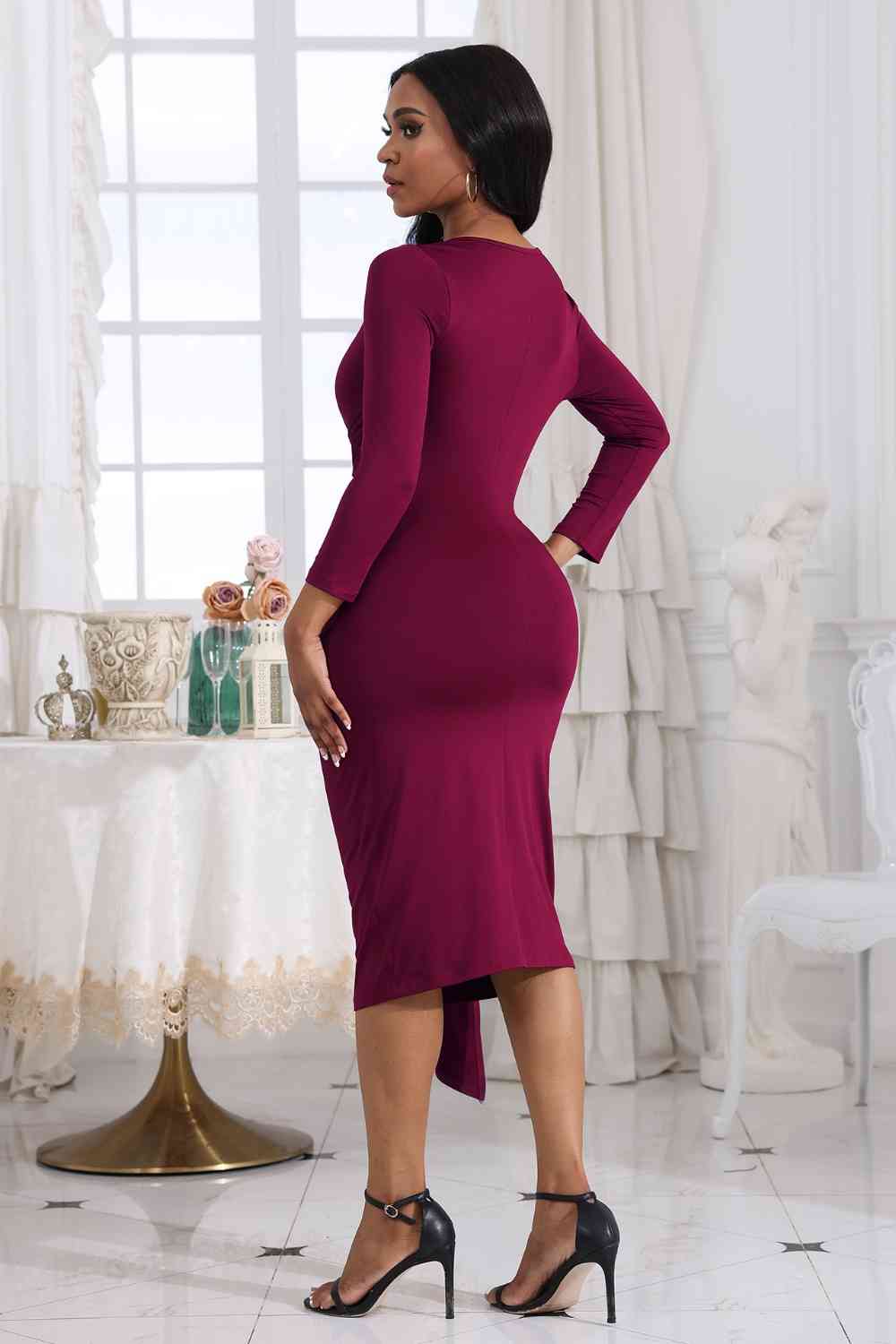 Tie Detail Round Neck Midi Dress - Embrace elegance with this chic and highly stretchy dress. The tied detail adds a sophisticated touch, making it perfect for various occasions. Made from 80% polyester and 20% spandex, the dress is both comfortable and stylish.