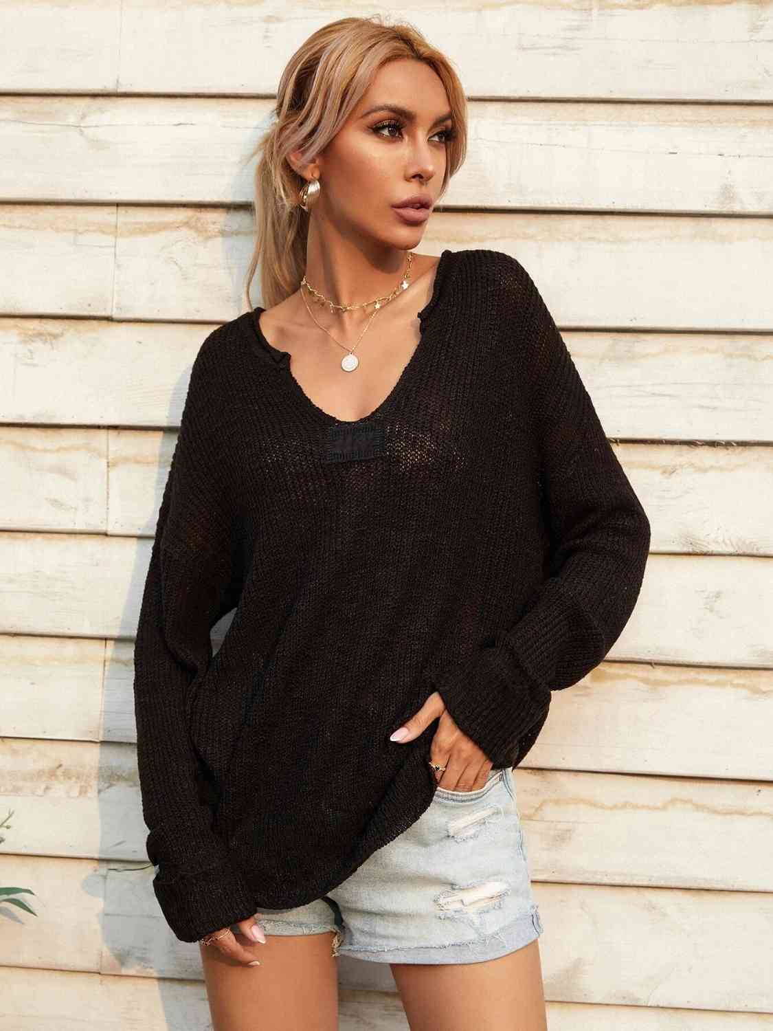 Elegant Notched Neck Slit Knit Top