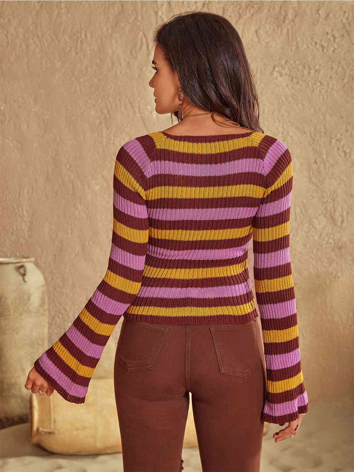 Striped Boat Neck Flare Sleeve Knit Top in highly stretchy and opaque design. 