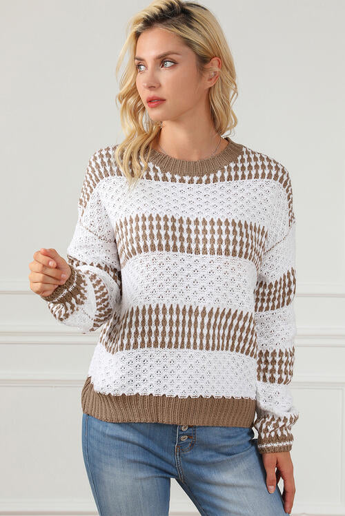 Striped Round Neck Long Sleeve Knit Top in 100% acrylic. Slightly stretchy for a comfortable fit. 