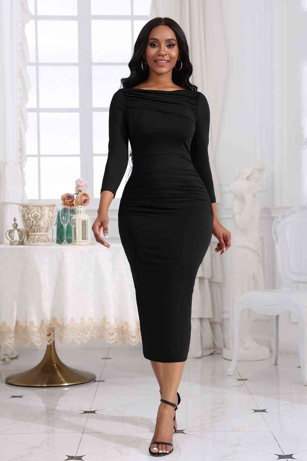 Elevate your wardrobe with our Ruched Boat Neck Midi Dress. Perfect for any occasion. Shop now 