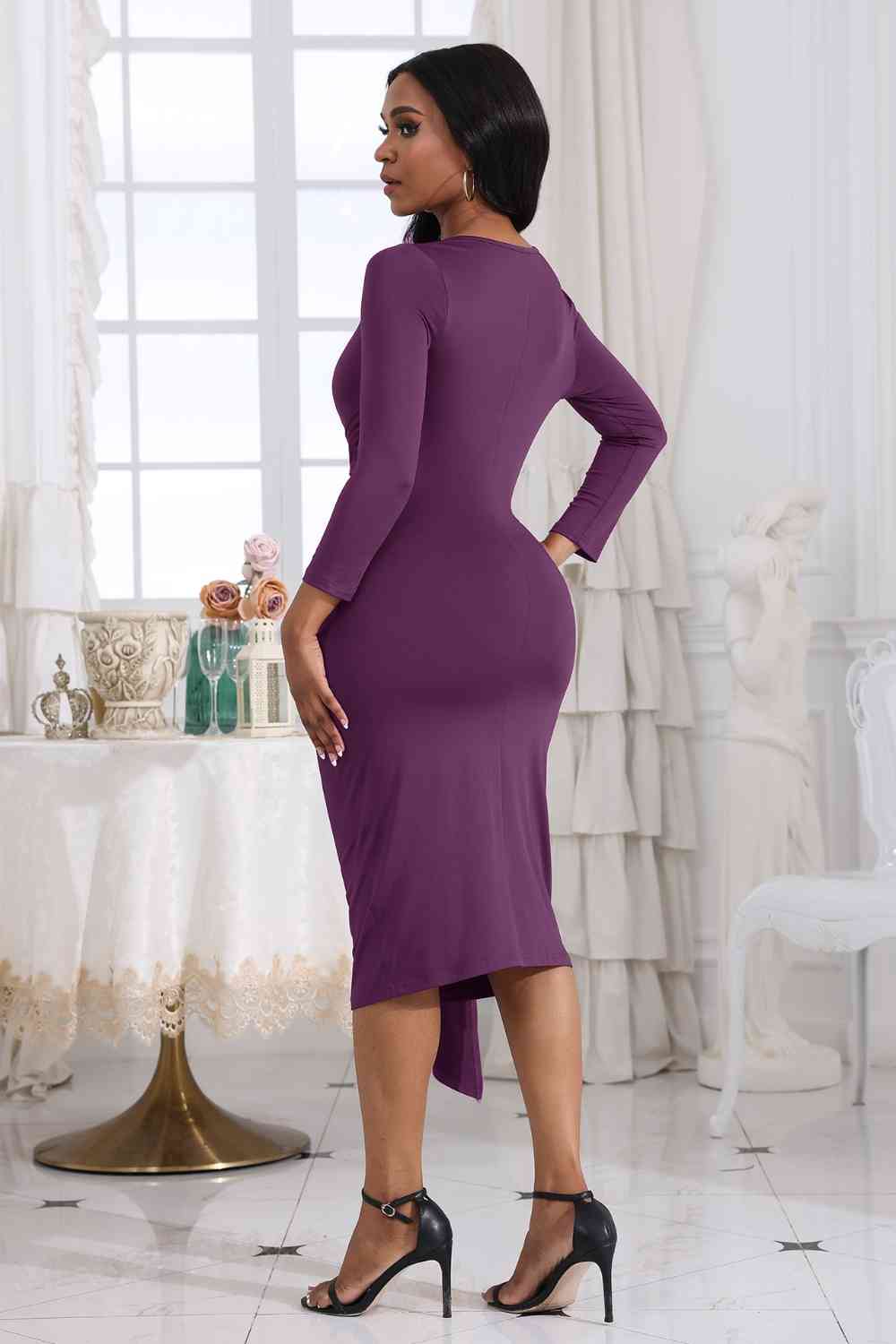 Tie Detail Round Neck Midi Dress - Embrace elegance with this chic and highly stretchy dress. The tied detail adds a sophisticated touch, making it perfect for various occasions. Made from 80% polyester and 20% spandex, the dress is both comfortable and stylish.