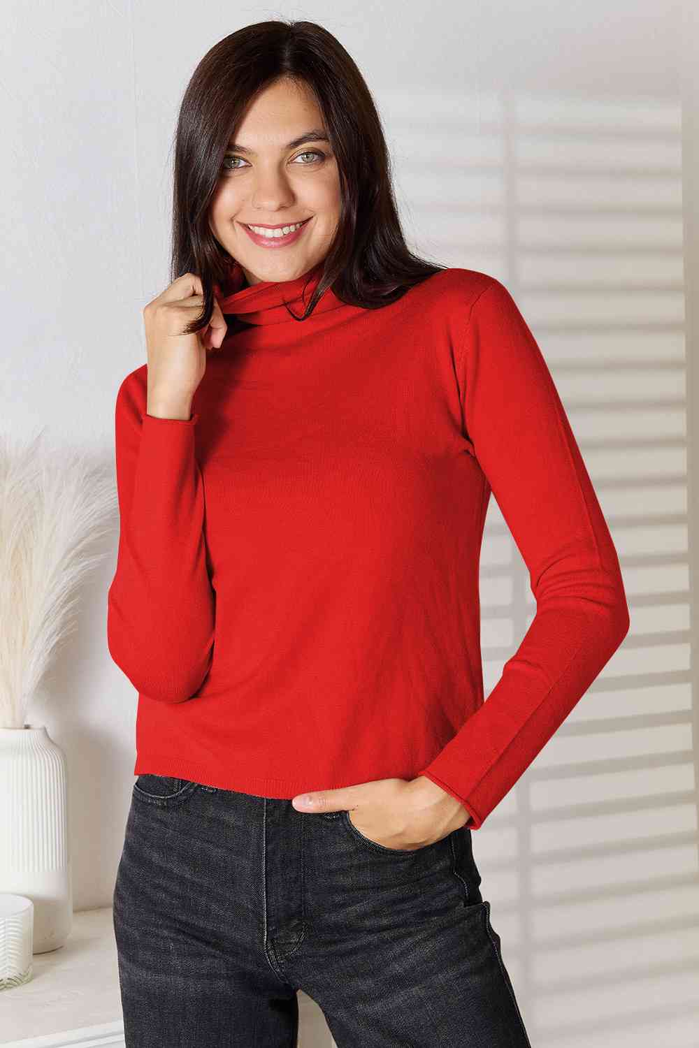 Stay cozy and stylish in our Turtleneck Long Sleeve Knit Top. Essential knitwear made from a blend of viscose and wool. Slightly stretchy for comfort. Machine washable. Available in sizes S to 2XL.