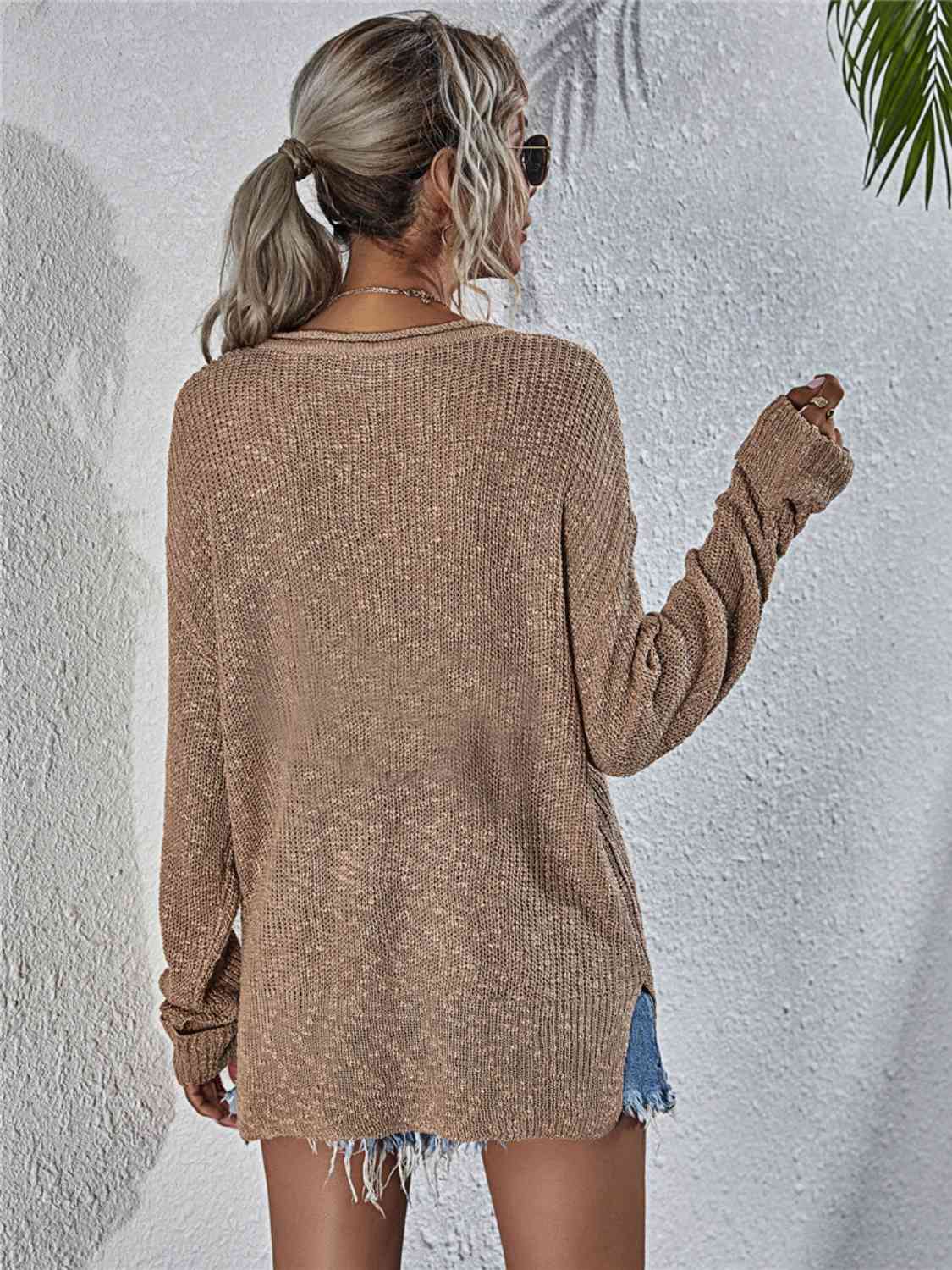 Elegant Notched Neck Slit Knit Top