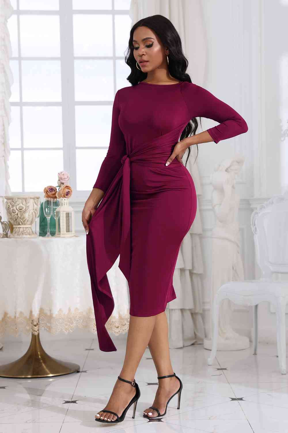 Tie Detail Round Neck Midi Dress - Embrace elegance with this chic and highly stretchy dress. The tied detail adds a sophisticated touch, making it perfect for various occasions. Made from 80% polyester and 20% spandex, the dress is both comfortable and stylish.