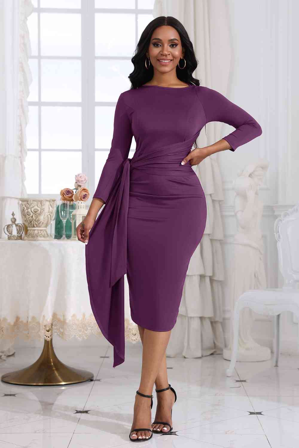 Tie Detail Round Neck Midi Dress - Embrace elegance with this chic and highly stretchy dress. The tied detail adds a sophisticated touch, making it perfect for various occasions. Made from 80% polyester and 20% spandex, the dress is both comfortable and stylish.