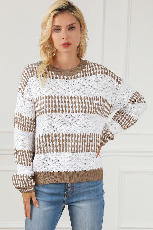 Striped Round Neck Long Sleeve Knit Top in 100% acrylic. Slightly stretchy for a comfortable fit. 