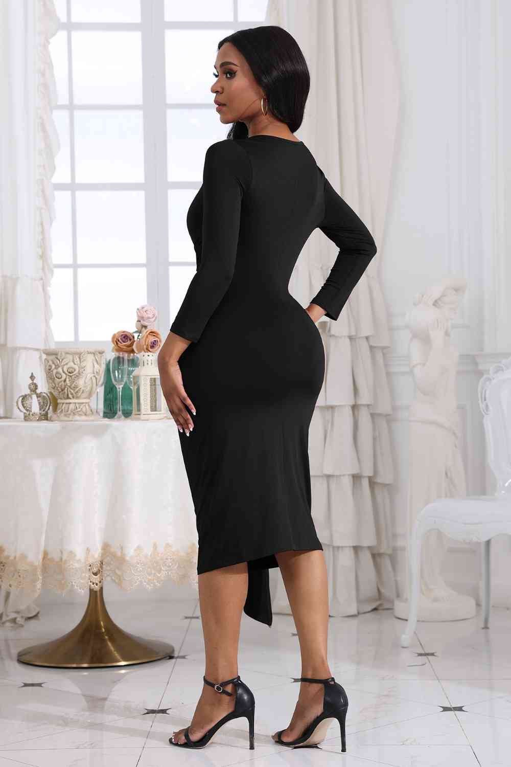 Tie Detail Round Neck Midi Dress - Embrace elegance with this chic and highly stretchy dress. The tied detail adds a sophisticated touch, making it perfect for various occasions. Made from 80% polyester and 20% spandex, the dress is both comfortable and stylish.