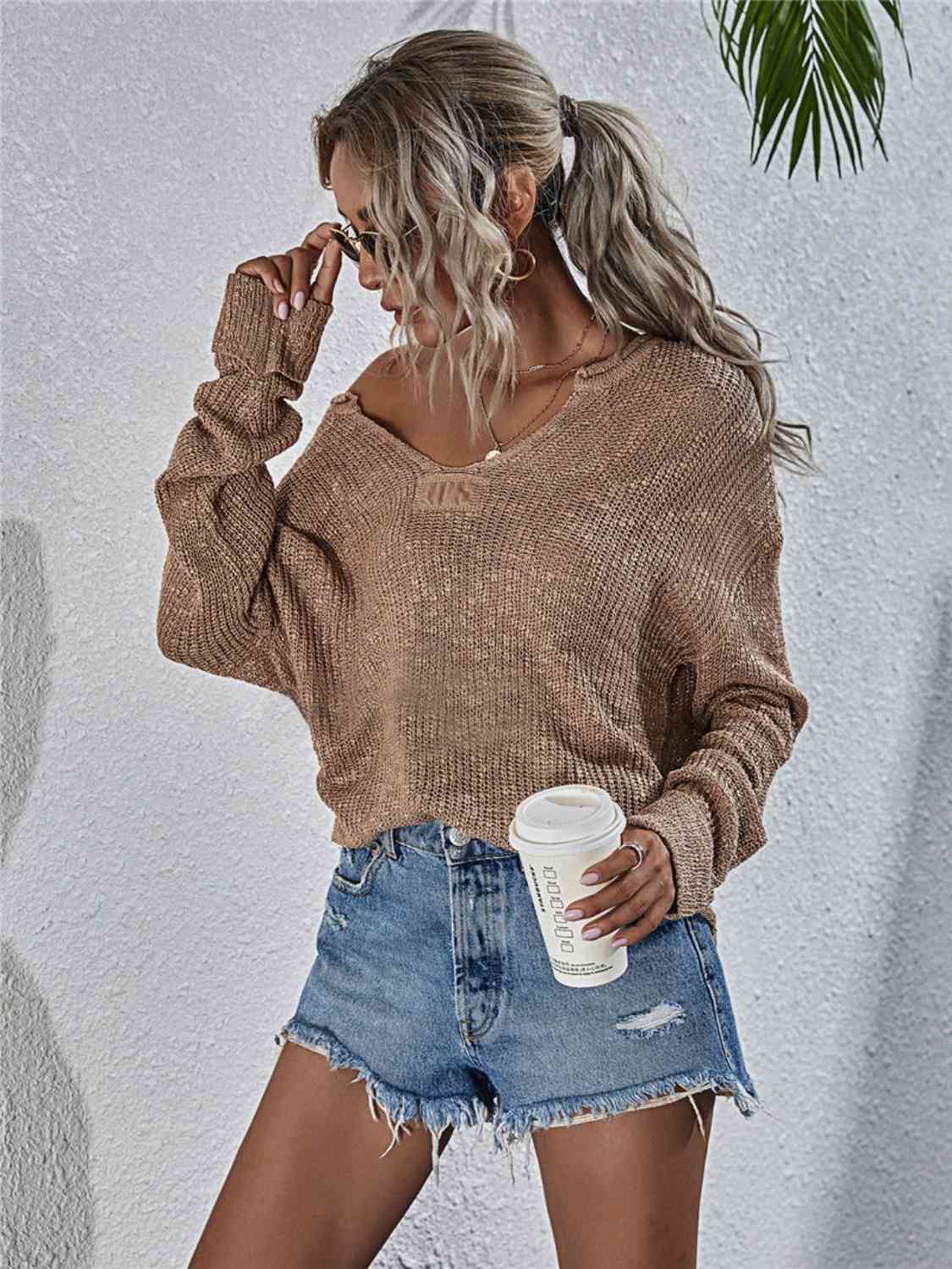 Elegant Notched Neck Slit Knit Top