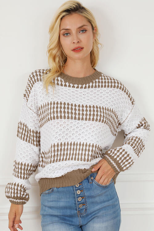 Striped Round Neck Long Sleeve Knit Top in 100% acrylic. Slightly stretchy for a comfortable fit. 