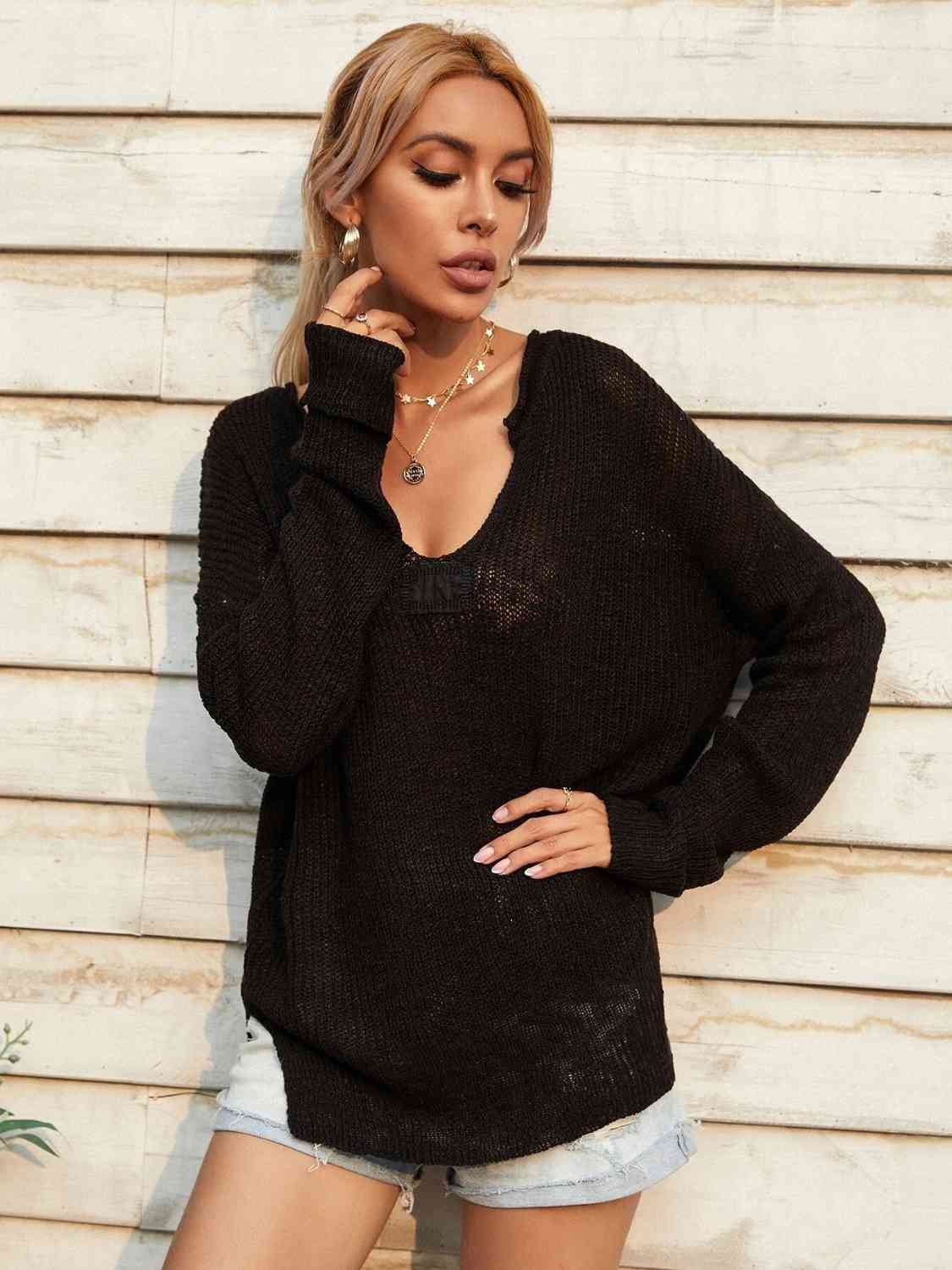 Elegant Notched Neck Slit Knit Top