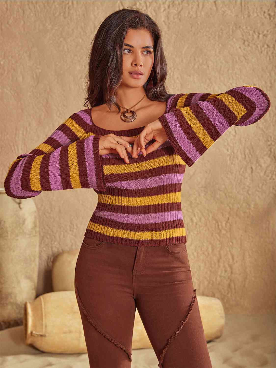 Striped Boat Neck Flare Sleeve Knit Top in highly stretchy and opaque design. 