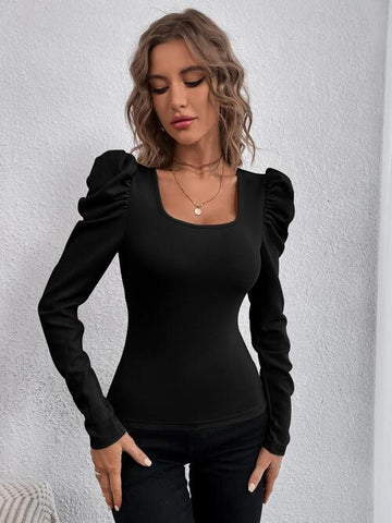 Square Neck Puff Long Sleeve Top in a slightly stretchy and opaque design