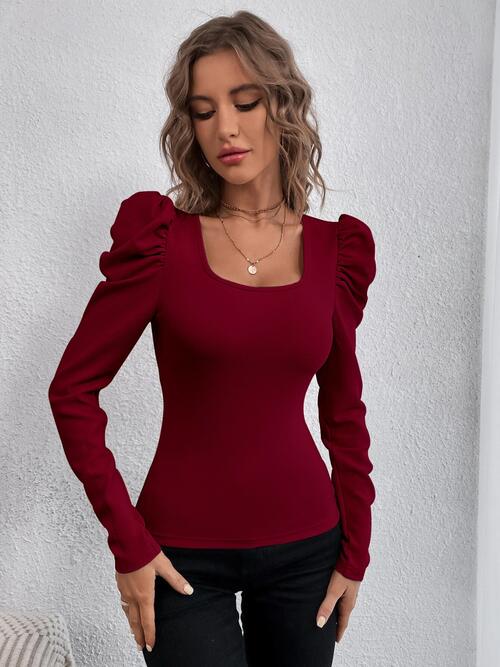 Square Neck Puff Long Sleeve Top in a slightly stretchy and opaque design