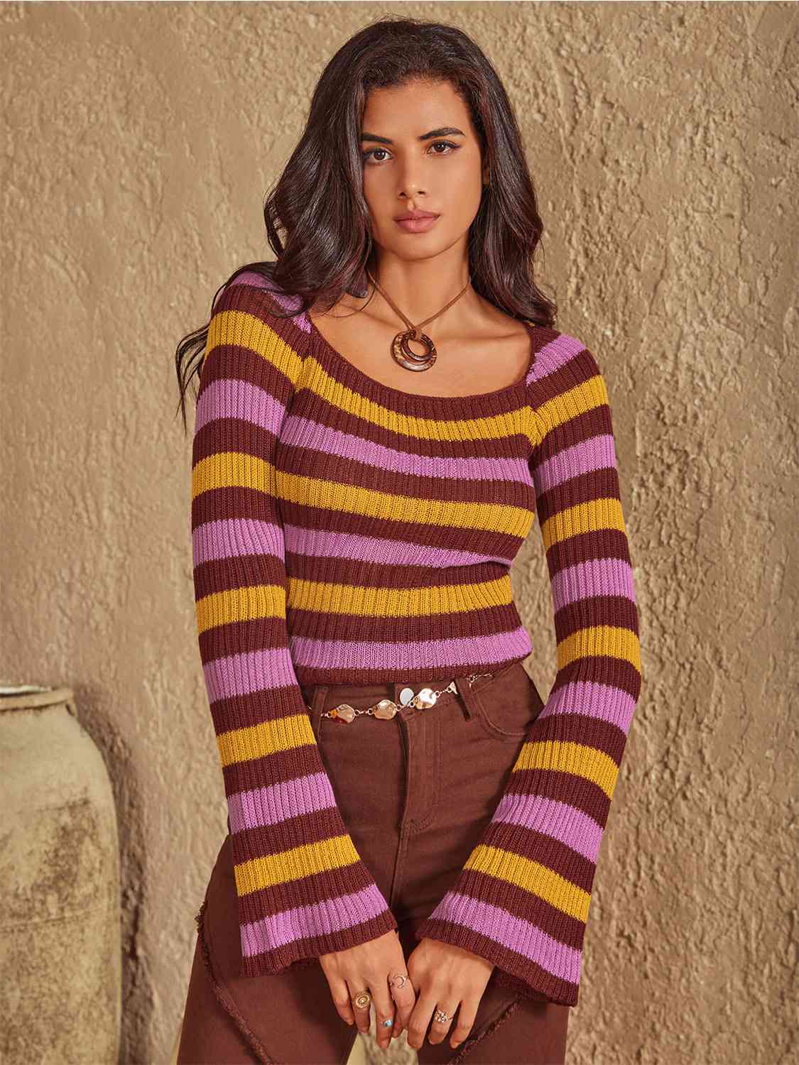 Striped Boat Neck Flare Sleeve Knit Top in highly stretchy and opaque design. 