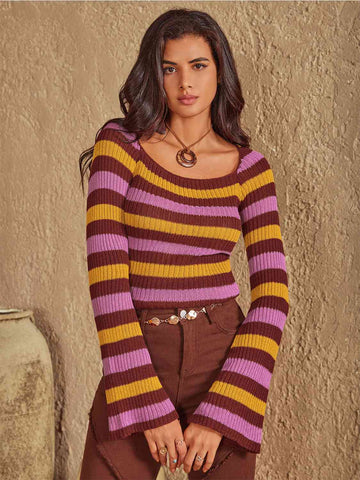 Striped Boat Neck Flare Sleeve Knit Top in highly stretchy and opaque design. 