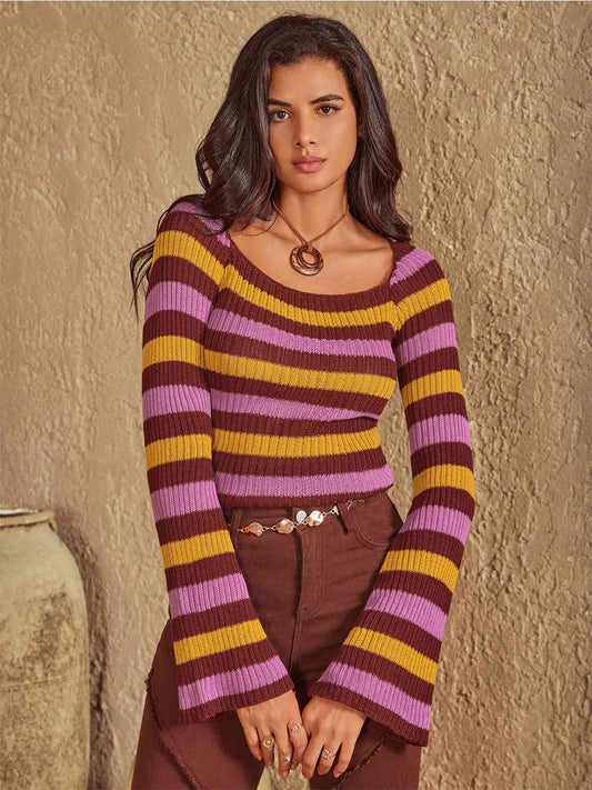 Striped Boat Neck Flare Sleeve Knit Top in highly stretchy and opaque design. 