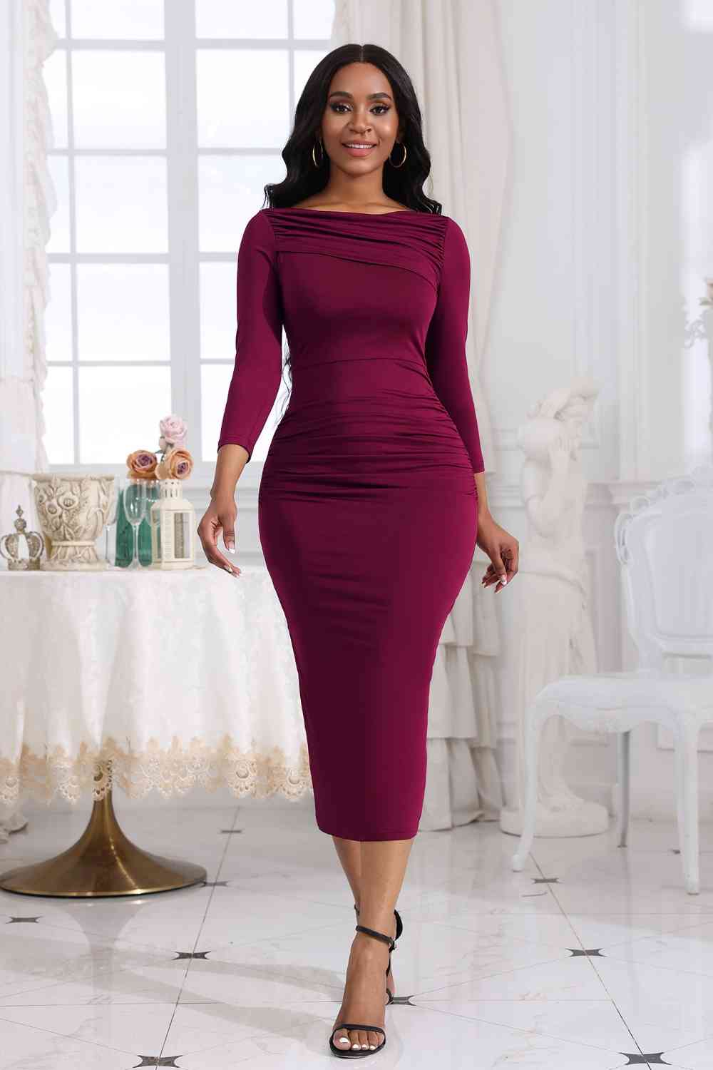 Elevate your wardrobe with our Ruched Boat Neck Midi Dress. Perfect for any occasion. Shop now 