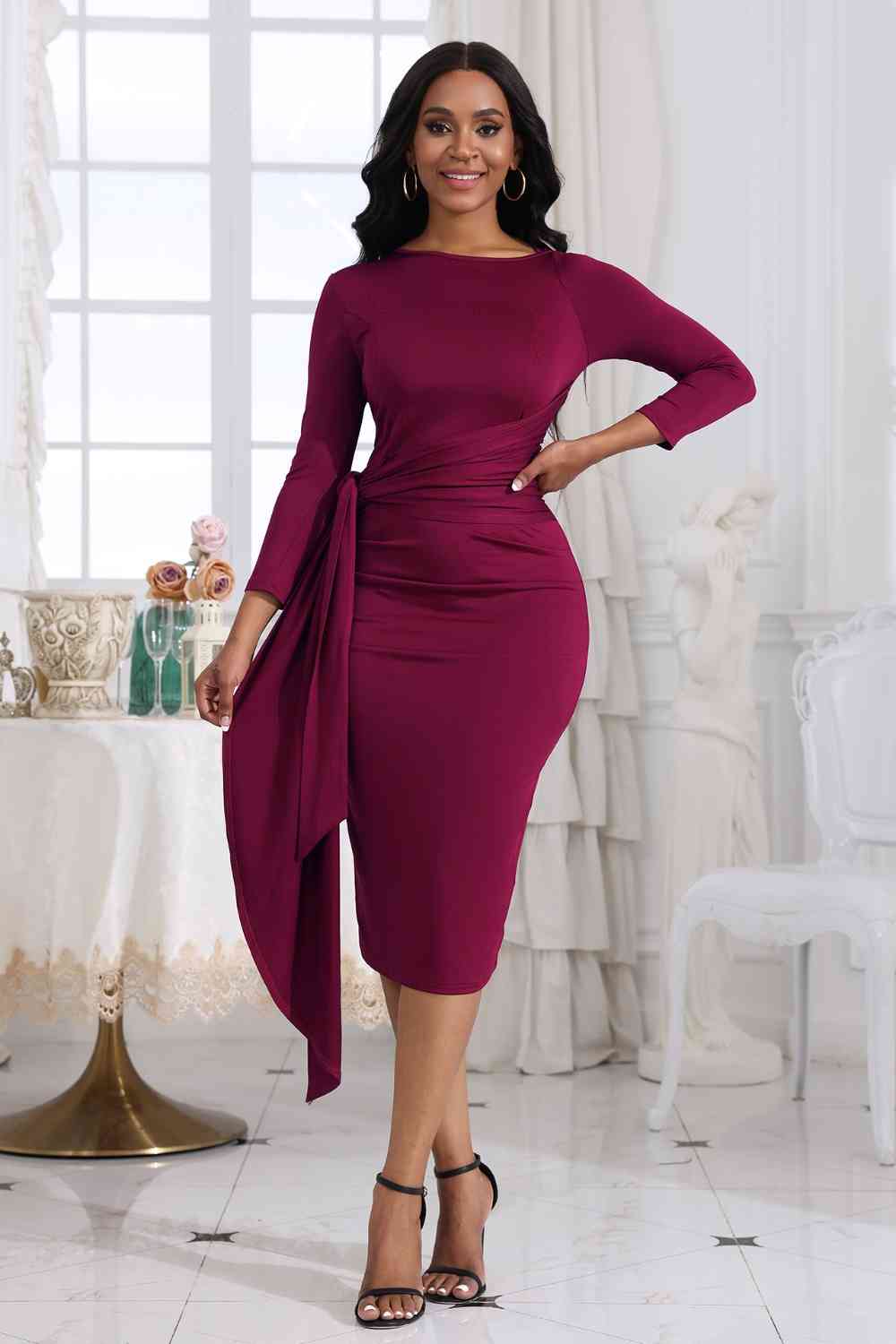 Tie Detail Round Neck Midi Dress - Embrace elegance with this chic and highly stretchy dress. The tied detail adds a sophisticated touch, making it perfect for various occasions. Made from 80% polyester and 20% spandex, the dress is both comfortable and stylish.